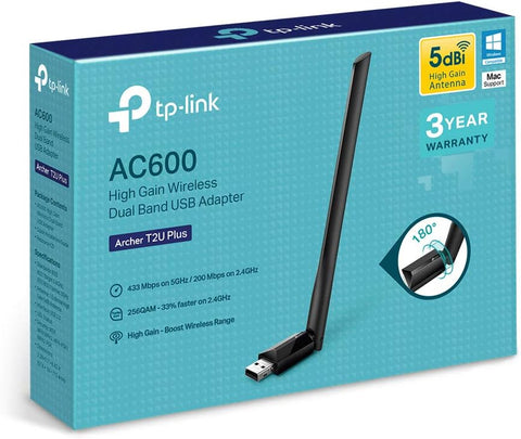 TP-Link AC600 High Gain USB Wi-Fi Dongle, Dual Band Wi-Fi Adapter with 5dBi Antenna for PC/Desktop/Laptop, Supports Windows11/10/8.1/8/7/XP, Mac OS X 10.9-10.14 (Archer T2U Plus)