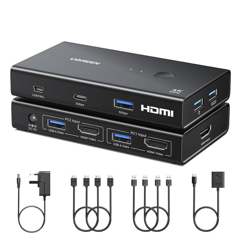 UGREEN HDMI USB 3.0 KVM Switch 2 in 1 out, 4K@60HZ for 2 Computers and 1 Monitor with 4*USB 3.0 Port, for Mouse, Keyboard, Hard Drive, Printer, with Controller, HDMI Cables*2,USB Cables*2,Power Cable