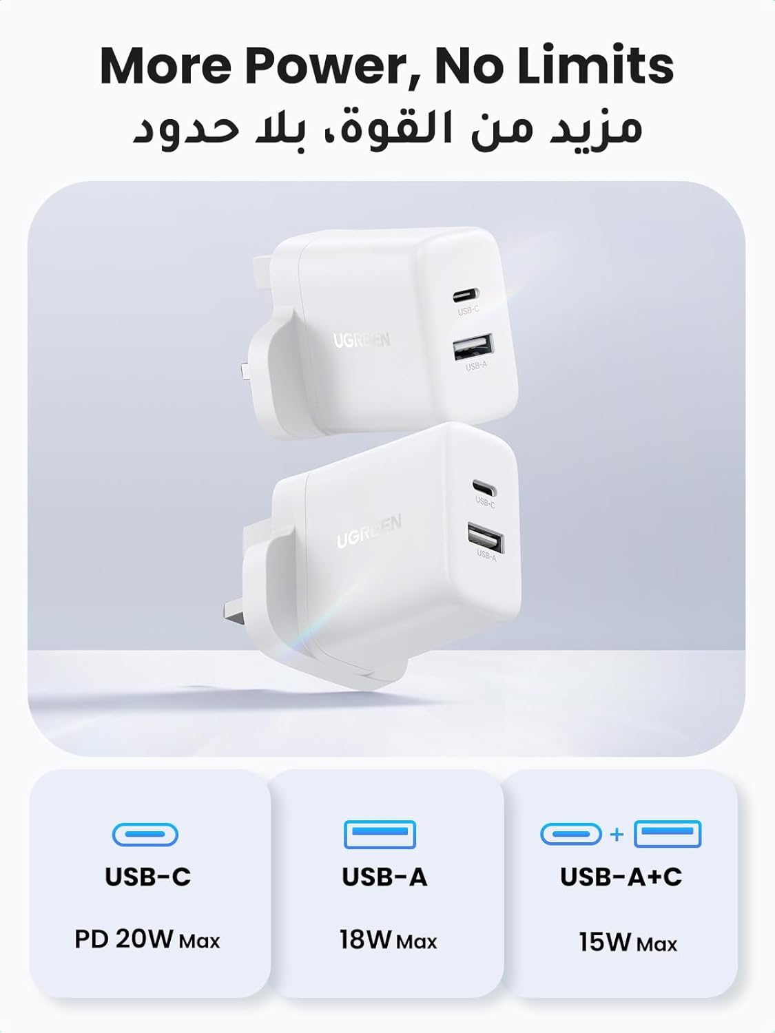 UGREEN 20W iPhone 16 Charger Dual Port Block 2 Pack Fast Wall Adapter, USB A and USB C Charger Head Type-C Power Plug Adapter Compatible for iPhone 16 Pro Max/15/14/13/12, iPad, Samsung, Xiaomi etc