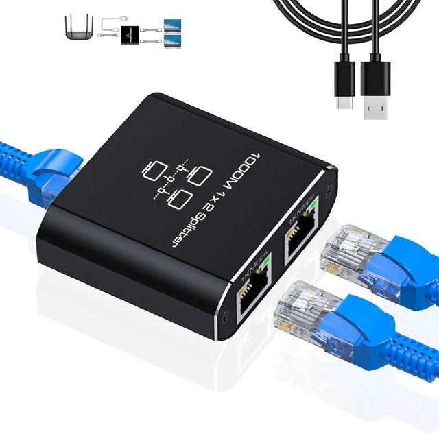 RJ45 Ethernet Network Splitter, 1 to 2 Port, 1000Mbps Gigabit, USB Type-C Power Cable for Computer, Hub, Switch,Router,ADSL,Digital TV JINHEC