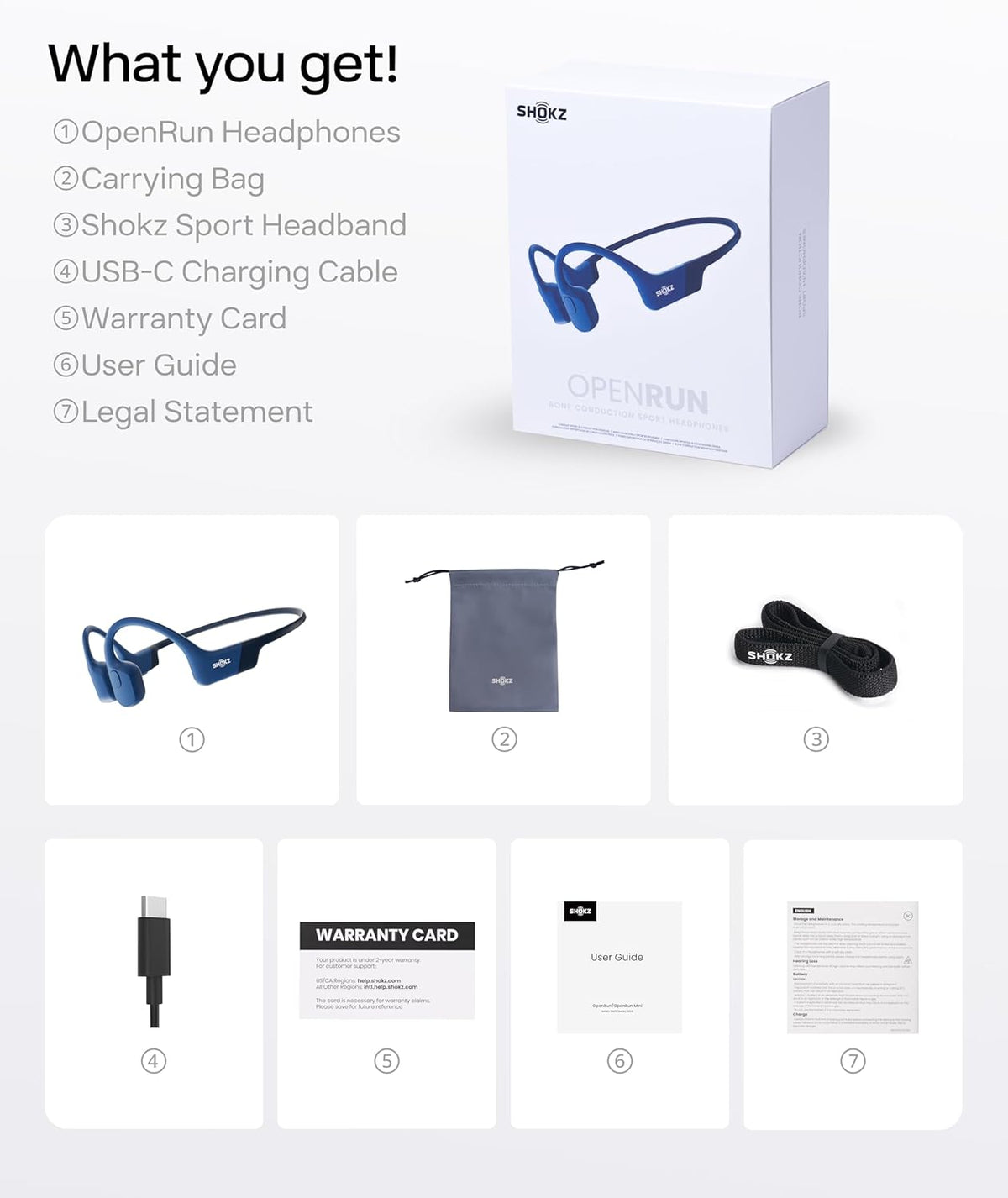 SHOKZ OpenRun Bone Conduction Headphones, Open-Ear Bluetooth Sports Earphones with Mic, IP67 Waterproof Wireless Headset for Running and Workout, 8H Playtime, USB-C - Blue, Sport headband
