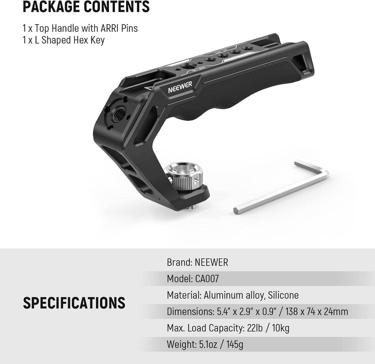 NEEWER Camera Top Handle CA007 with ARRI 3/8" Locating Pins Silicone Grip, 1/4" & 3/8" Mounting Threads, 3 Cold Shoe Mounts Compatible with Camera Cages, Video Rigs, SmallRig Handles
