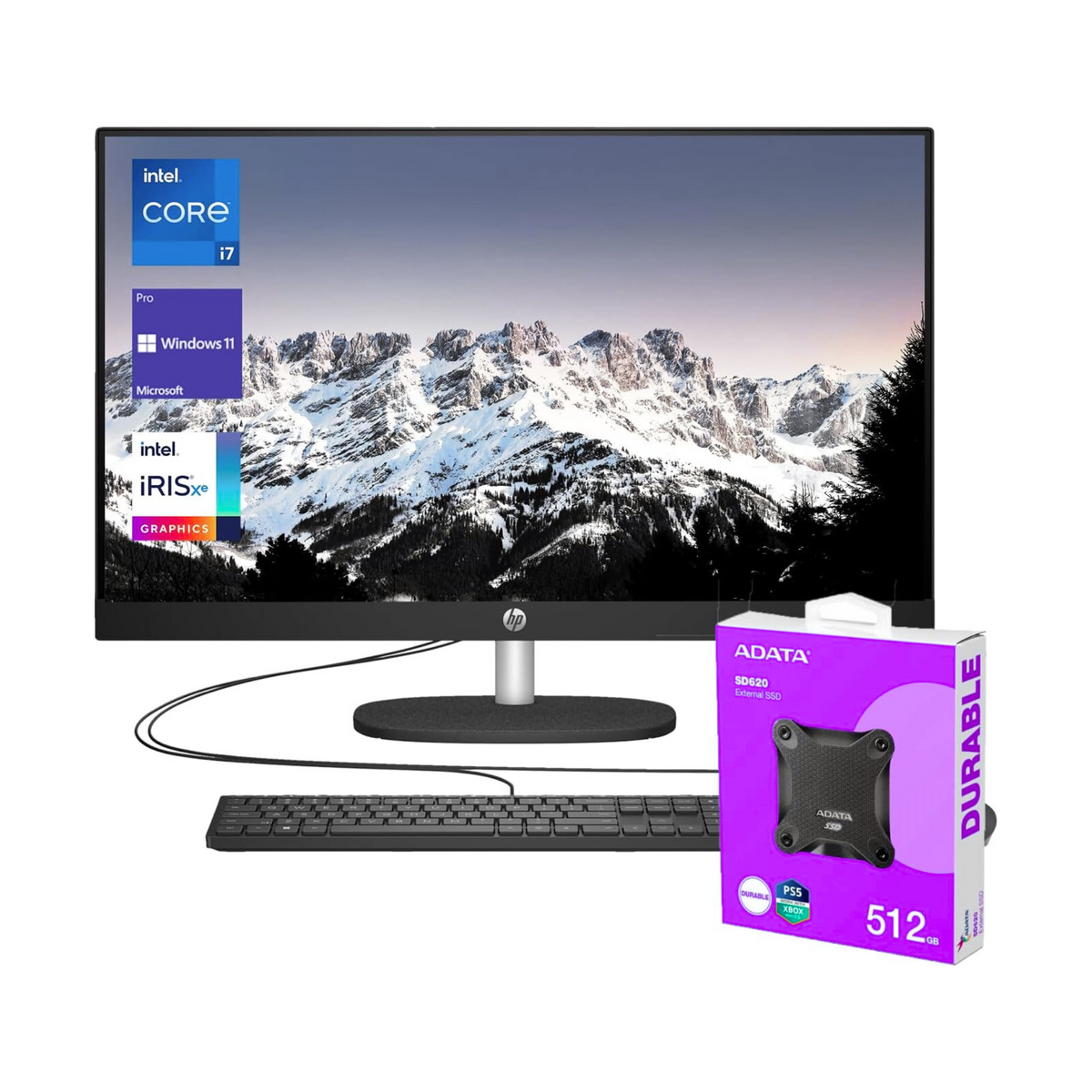 HP Business 27" 13th i7 All in One Desktop Computer, FHD Display, 32GB RAM, 1TB SSD, IR Camera, RJ-45, Wi-Fi 6, Wired KB & Mouse, Windows 11 Pro, Black, with Adata 512 External SSD Bundle