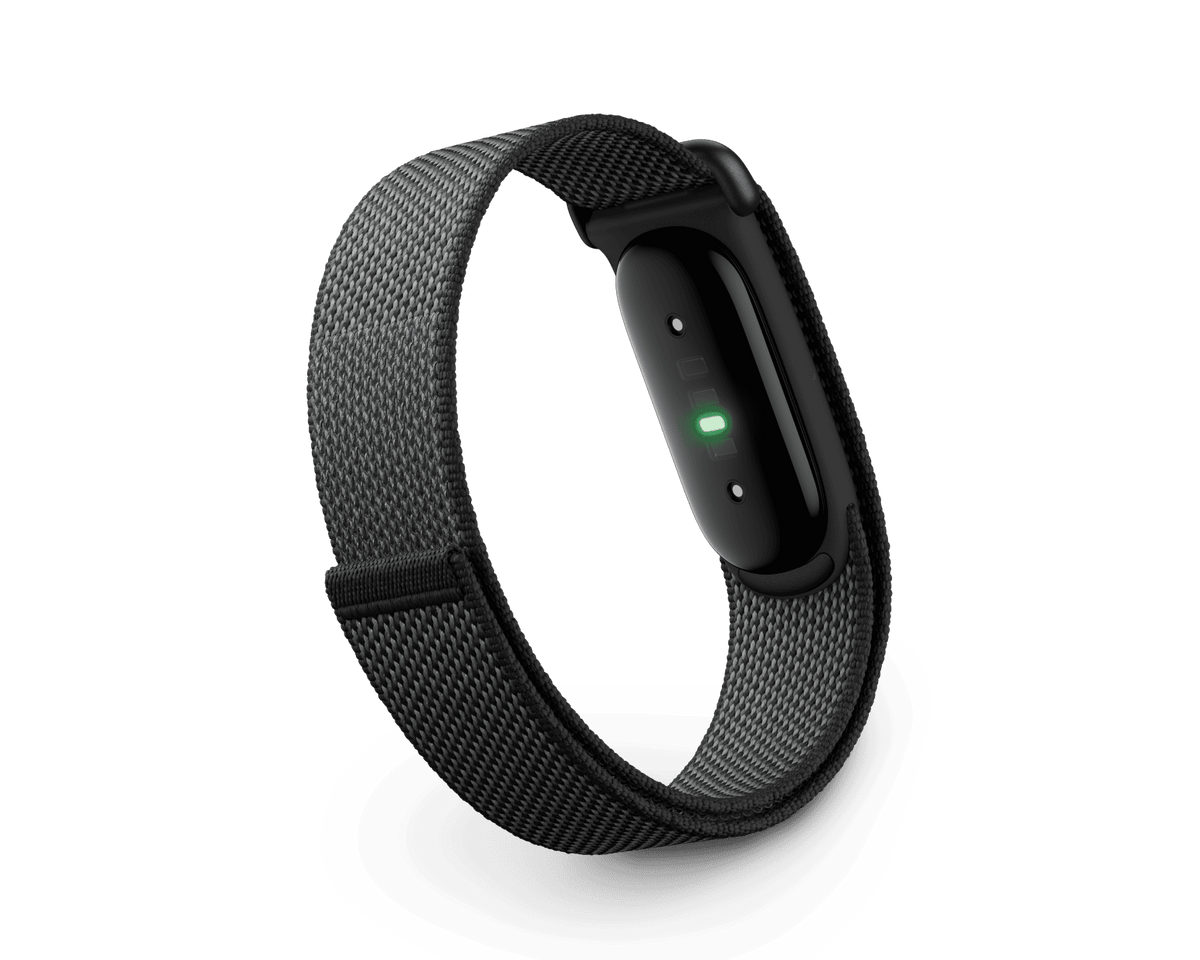 Google Fitbit Air with Obsidian Performance Loop band, side view