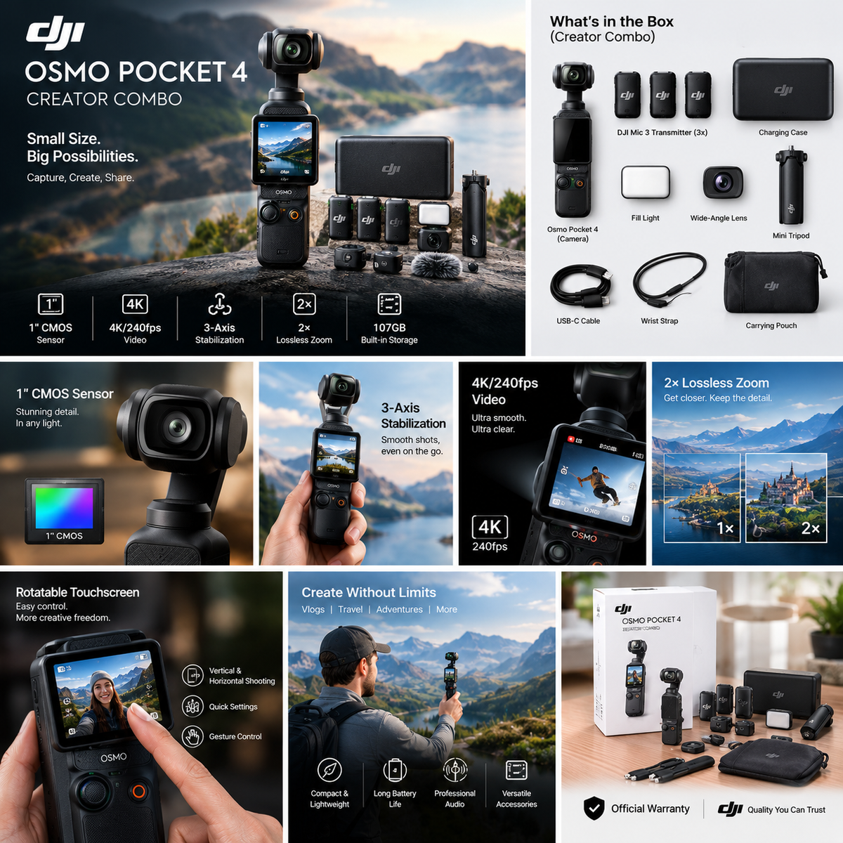 DJI Osmo Pocket 4 Creator Combo – Handheld Gimbal Vlog Camera (Open Box - Fully Working)