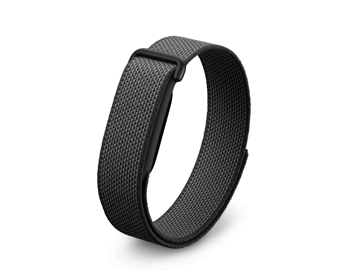Google Fitbit Air tracker with Obsidian Performance Loop band, front three-quarter view