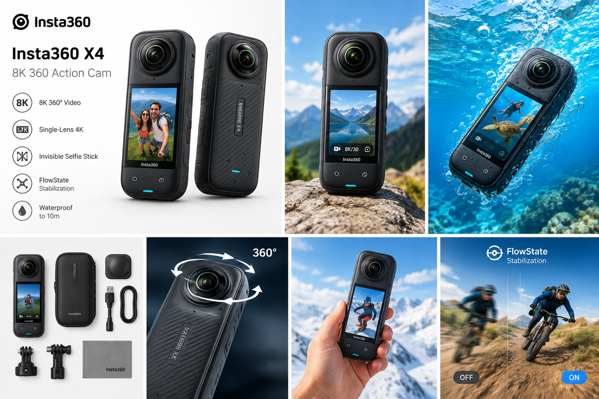 Insta360 X4 Explorer Bundle – 8K Waterproof 360 Action Camera Set (Open Box, Damaged Box - Fully Working)