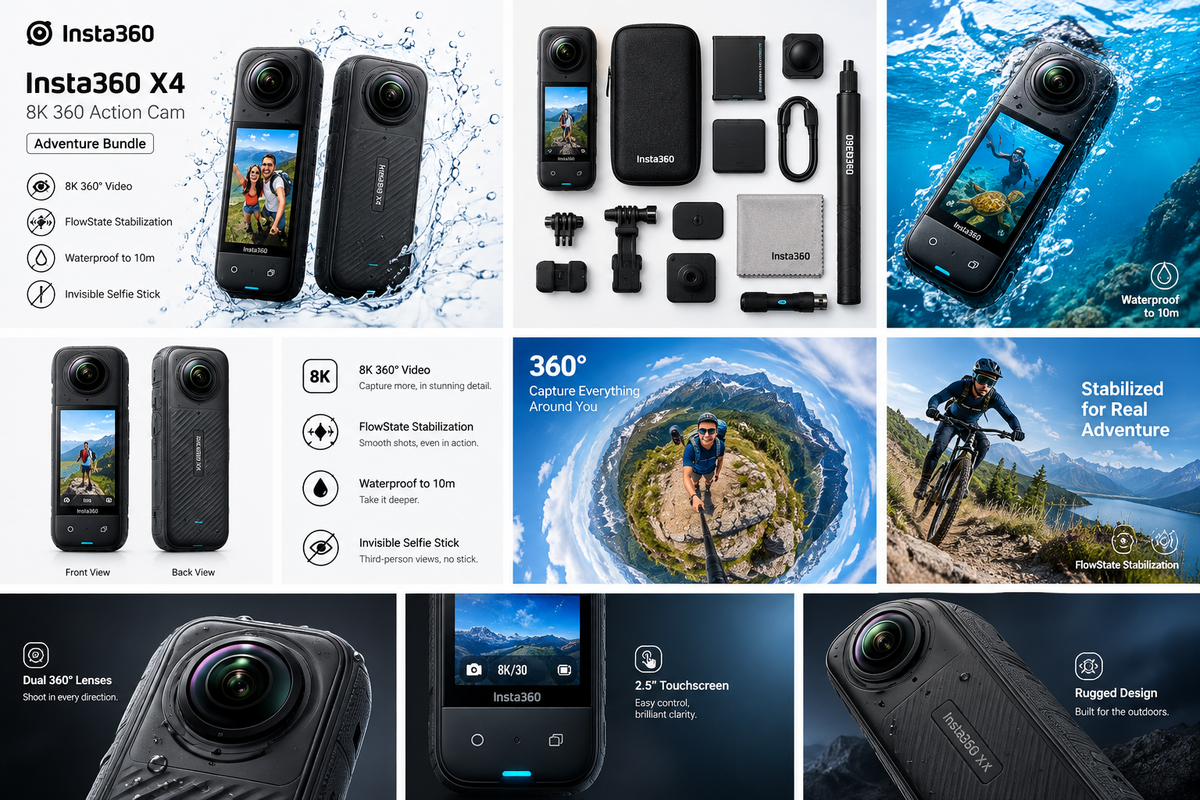 Insta360 X4 Explorer Bundle – 8K Waterproof 360 Action Camera Set (Open Box, Damaged Box - Fully Working)