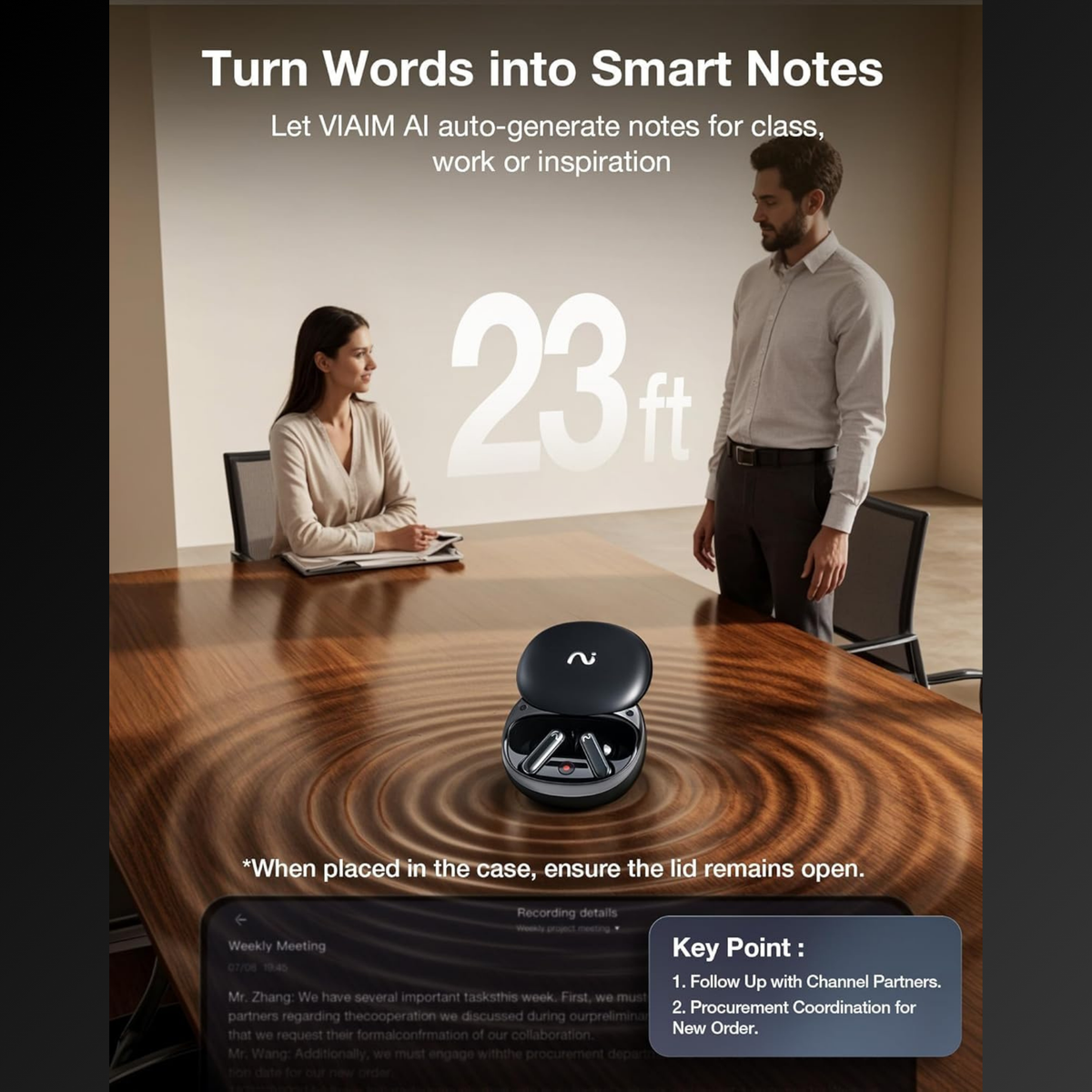 VIAIM RecDot AI Earbuds - AI Meeting Assistant with Real-Time Transcription & Translation (16 Languages), FlashRecord, 48dB ANC, To-Do Lists & Summaries - Black