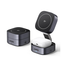 UGREEN Foldable 2-in-1 MagFlow Qi2 Wireless Charging Station 15W for Apple Magsafe Charger iPhone, Fast Magnetic Wireless Charger Stand for iPhone 16 15 Series, AirPods, iWatch - With 1M USB C Cable