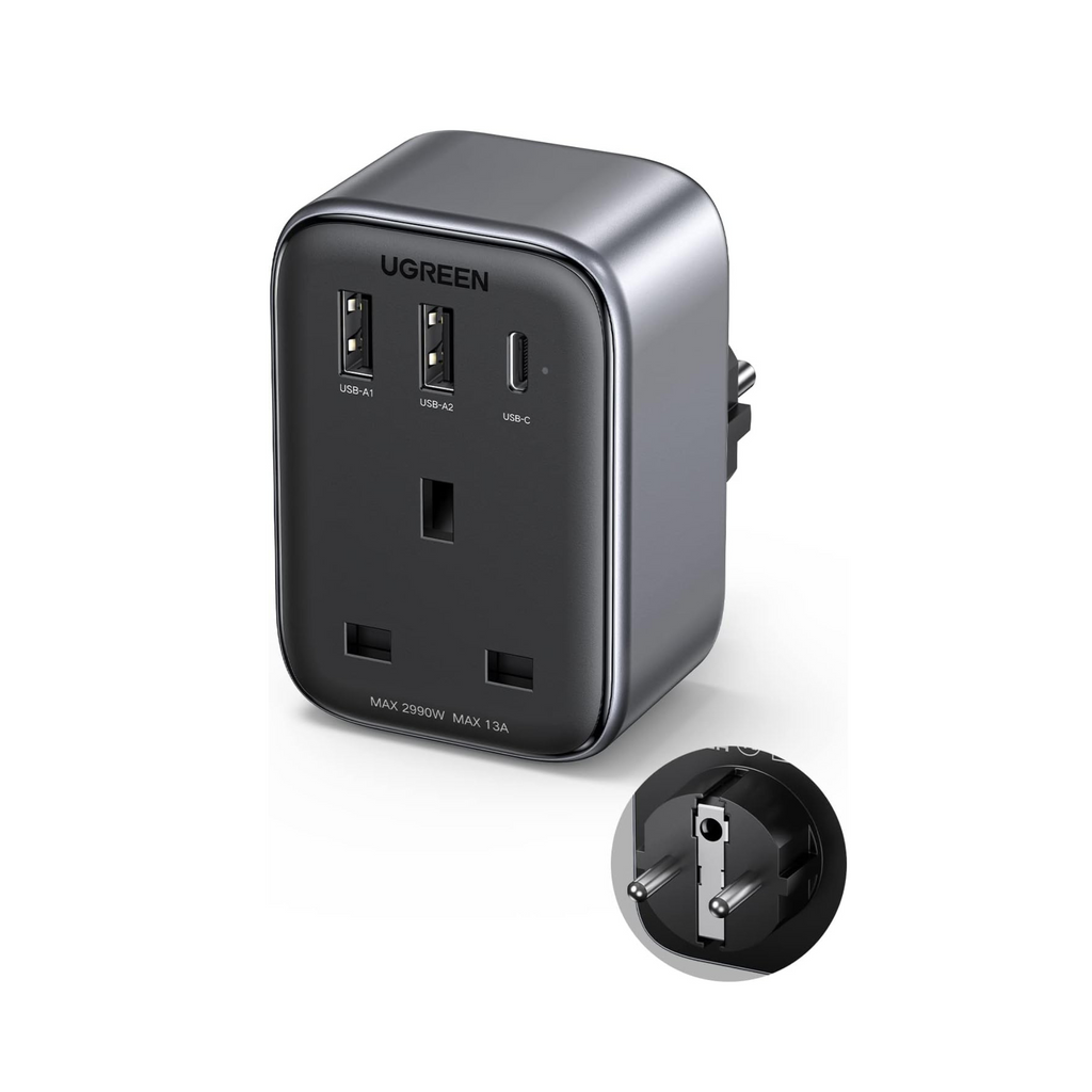 UGREEN 4-in-1 Travel Charger Adapter 30W Accepts Devices with UAE/KSA/UK Plugs for Use in Type C Sockets in European Plug Travel Converter Charger with 3 USB Ports, Type G 3 Pin to Euro C Plug