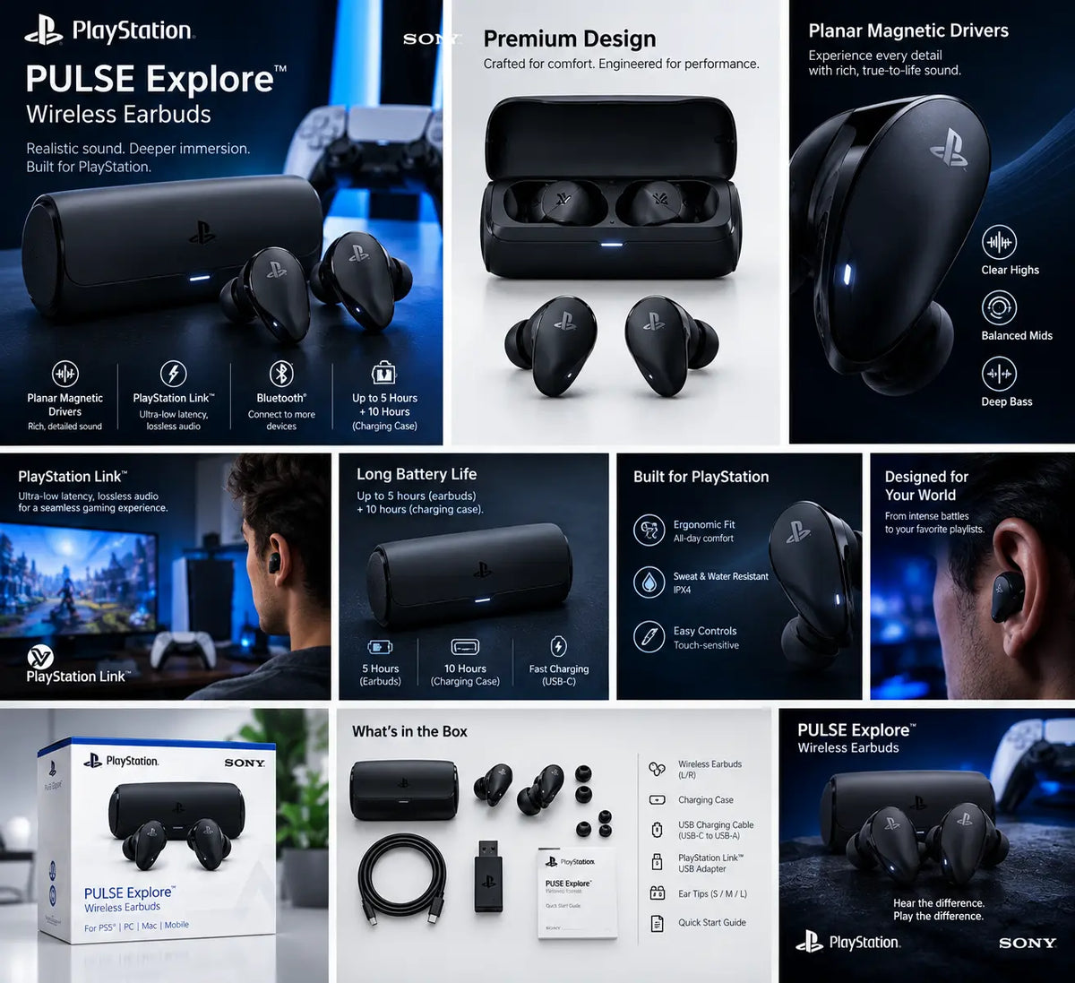 PlayStation 5 Pulse Explore Wireless Earbuds – Planar Magnetic Drivers, PlayStation Link Low-Latency Audio, AI Noise Rejection, Dual Microphones - Open Box (100% Fully Working) Playstation 5