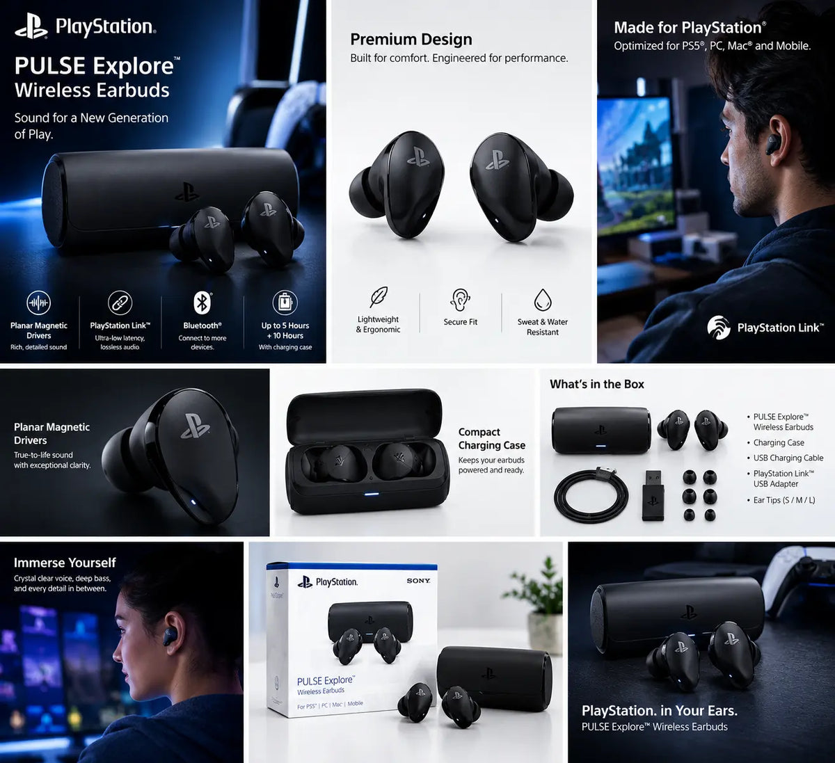 PlayStation 5 Pulse Explore Wireless Earbuds – Planar Magnetic Drivers, PlayStation Link Low-Latency Audio, AI Noise Rejection, Dual Microphones - Open Box (100% Fully Working) Playstation 5
