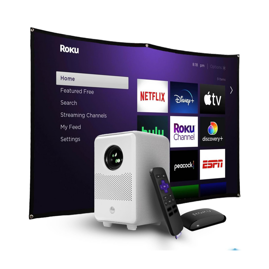HP CC200 Projector Bundle with 84" Screen and Roku Express, 1920x1080 Short-Throw Full HD 1080p LCD Projector
