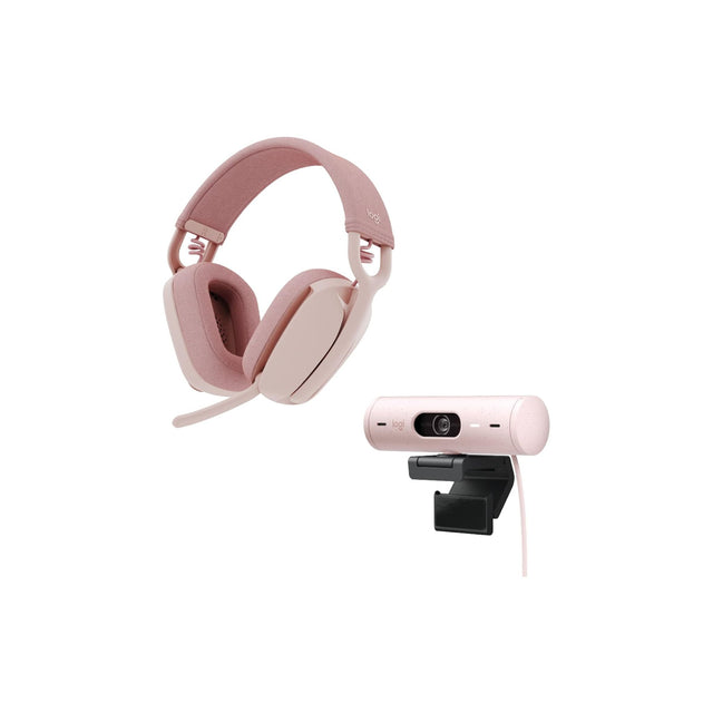 Logitech Brio 500 Full HD webcam and Zone Vibe 100 wireless headphones with noise-canceling mic, works with Microsoft Teams, Google Meet, Zoom, Mac/PC - Rose