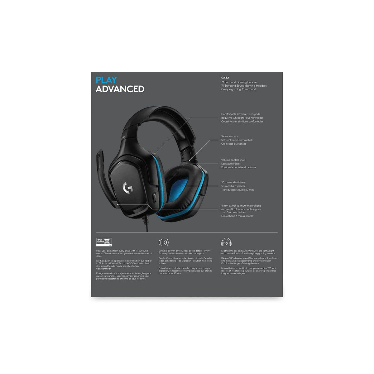 Logitech G432 Wired Gaming Headset, 7.1 Surround Sound, Dts Headphone:X 2.0, 50 mm Audio Drivers, Usb And 3.5 mm Audio Jack, Flip-To-Mute Mic, Lightweight, Pc/Mac/Xbox One/Ps4/Nintendo Switch - Black
