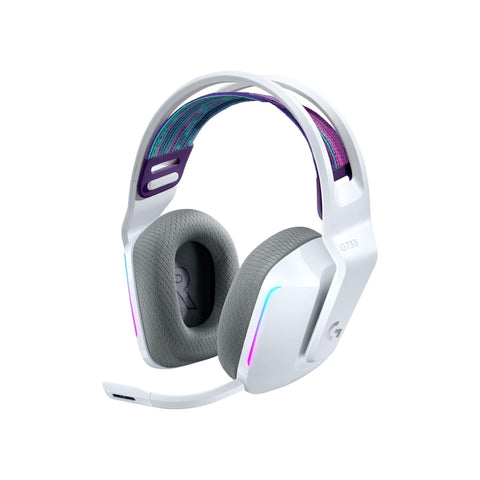 Logitech G733 LIGHTSPEED Wireless Gaming Headset with suspension headband, LIGHTSYNC RGB, Blue VO!CE mic technology and PRO-G audio drivers - White