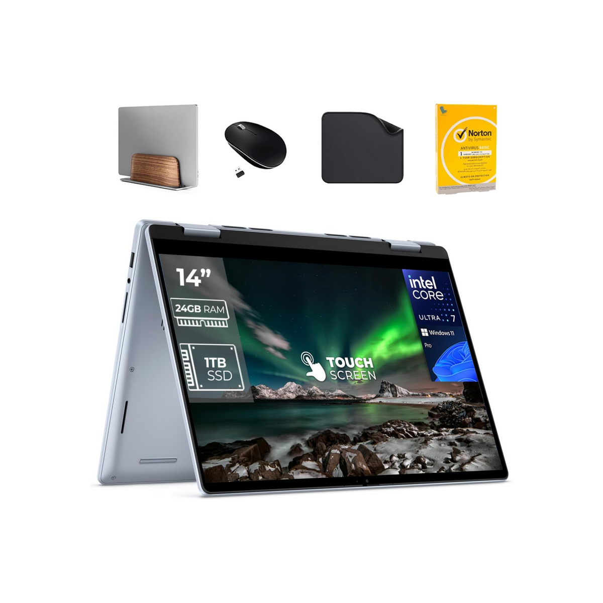 Dell Inspiron 14-7440 2-IN-1 Laptop, Intel Core Ultra 7-150U, 24GB RAM, 1TB SSD, 14" FHD+ Touchscreen, Win 11 Pro Backlit KB(Include 1st Wave Laptop Stand +Wireless Mouse+ Mouse pad + Antivirus)