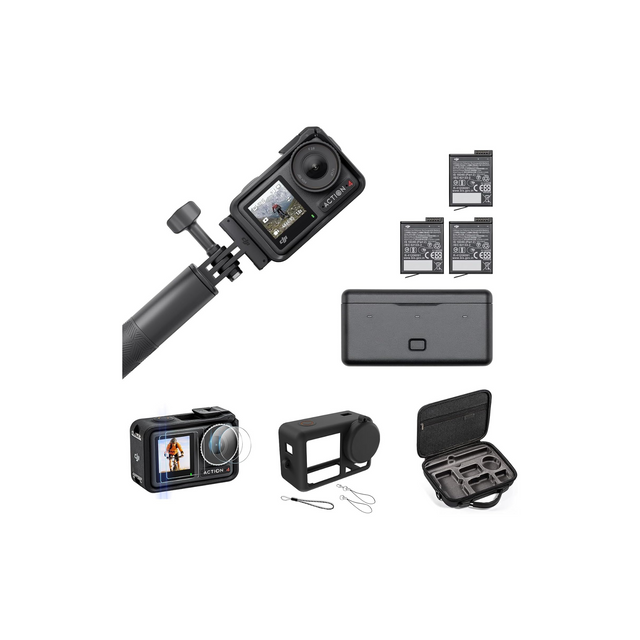 DJI Osmo Action 4 Adventure Combo with Storage Bag + Tempered Film + Protective Case, 4K/120fps Camera, 1/1.3" Sensor, 155° Ultra Wide Angle View, Up to 7.5 Hours with 3 Additional Batteries
