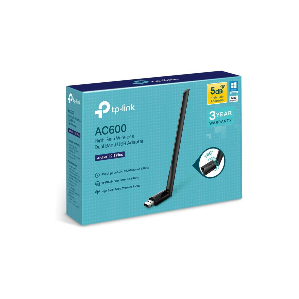 TP-Link AC600 High Gain USB Wi-Fi Dongle, Dual Band Wi-Fi Adapter with 5dBi Antenna for PC/Desktop/Laptop, Supports Windows11/10/8.1/8/7/XP, Mac OS X 10.9-10.14 (Archer T2U Plus)