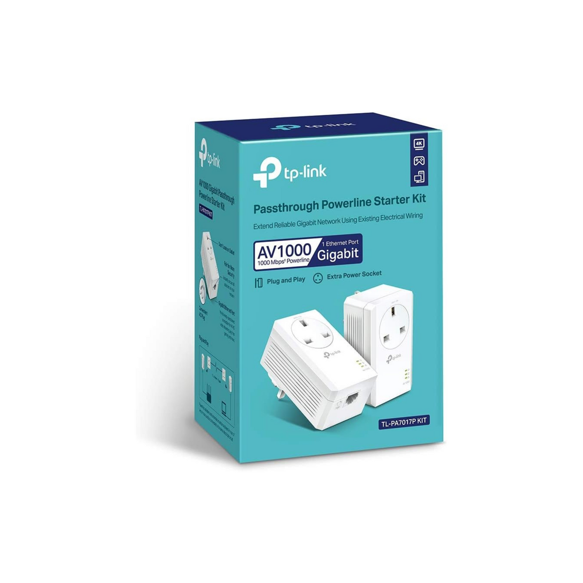 TP-Link TL-PA7017P KIT Gigabit Passthrough Powerline Starter Kit, Data transfer speed Up To 1000 Mbps, Ideal for HD/3D/4K video streaming and Online Gaming, No Configuration required, UK Plug