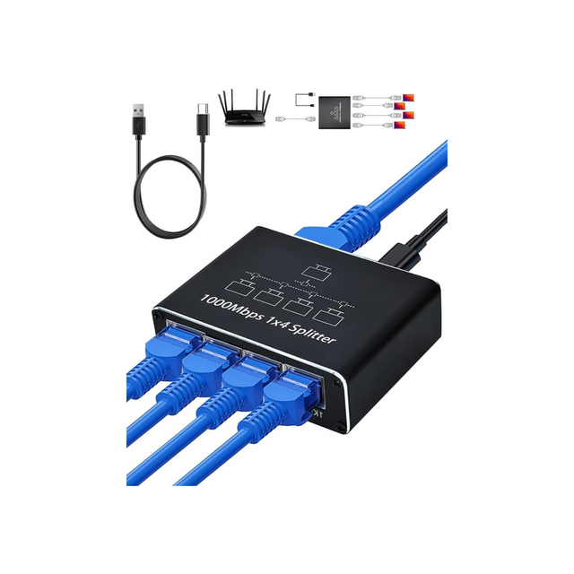 KWSLIN 1000Mbps Network Splitter, RJ45 Ethernet Splitter 1 to 4 High Speed Gigabit LAN Internet Splitter for Cat 5/5e/6/7/8, Supports Four Devices Working Simultaneously KWSLIN