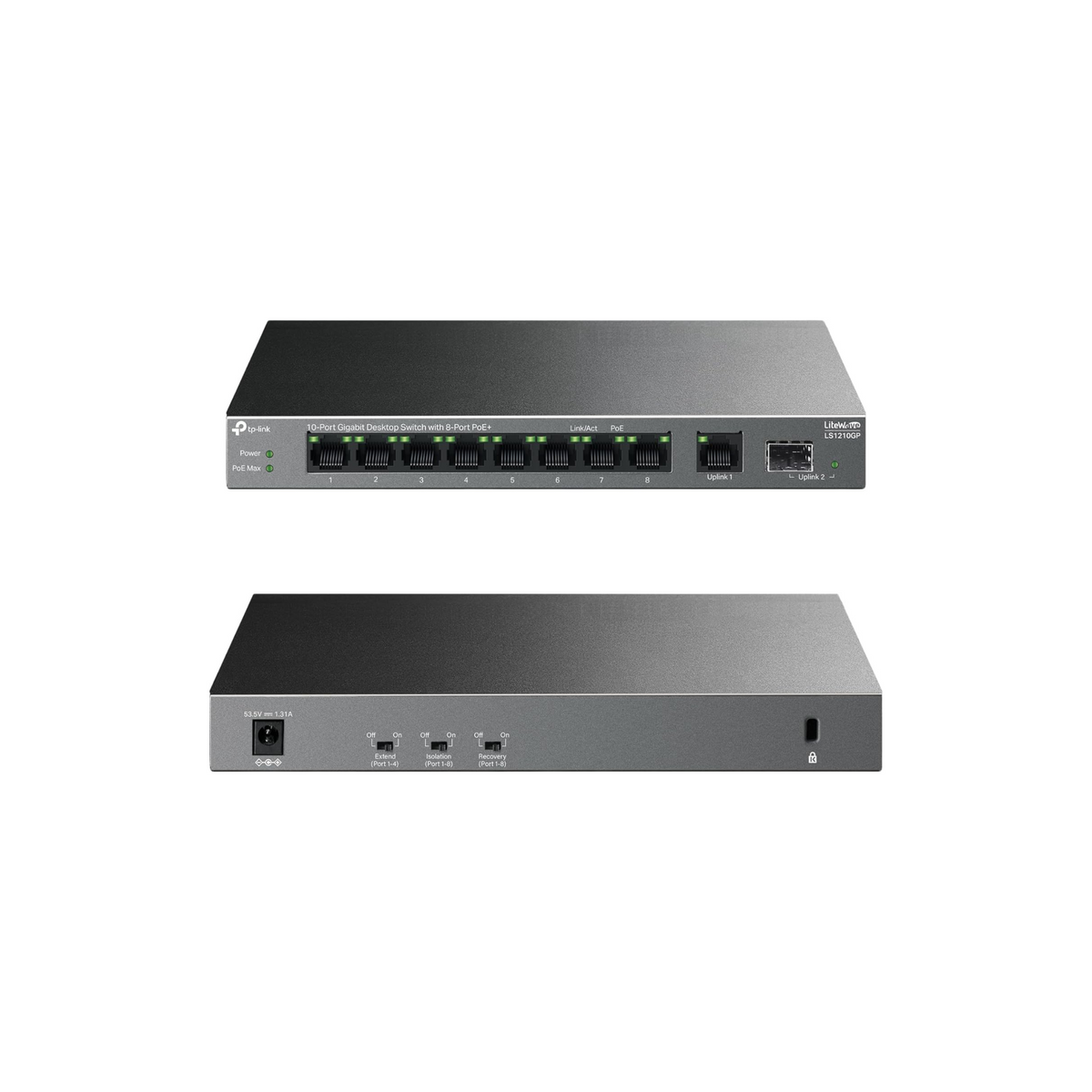 TP-Link 10-Port Gigabit Desktop Switch with 8-Port PoE+, 61 W PoE Budget, 30 W PoE output, Up to 250m PoE Transmission. Traffic Separation, Plug and Play, Fanless, Metal Case (LS1210GP)