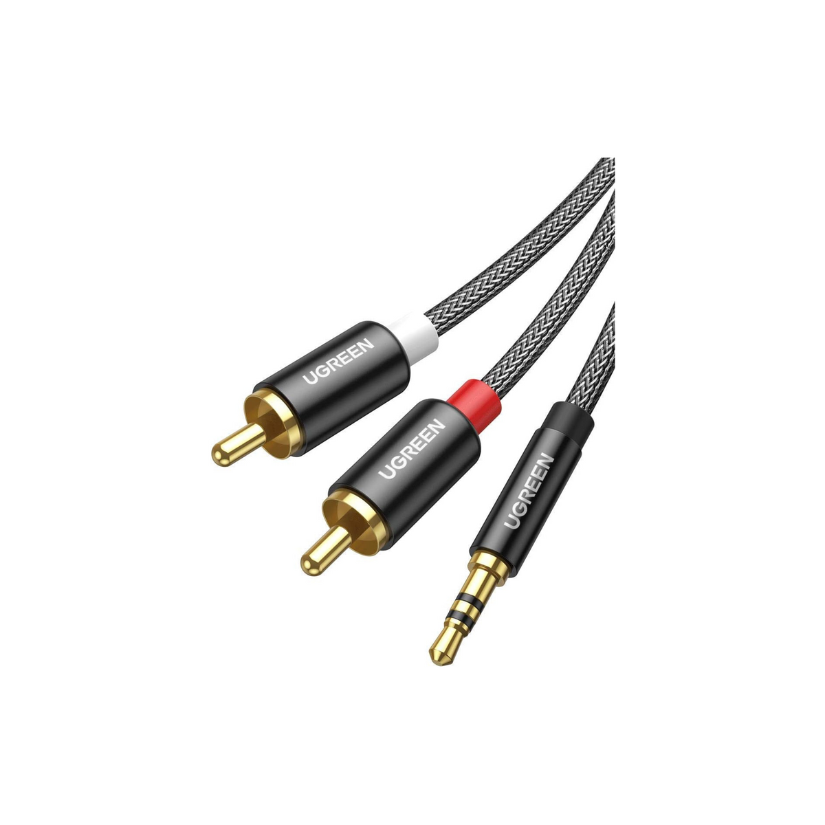 UGREEN RCA to 3.5mm Audio Cable 2Meter, 2 RCA Male to 3.5mm(1/8") Male Stereo Jack Phono Y Splitter Nylon-Braided Aux Cable for DJ Controller, Dolby Digital, DTS, Speaker, Gold-plated Connector, Black