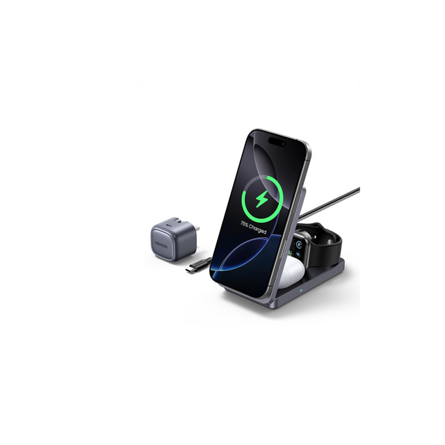 UGREEN MagFlow Qi2 15W Wireless Charger, 3 in 1 Fast Charging Qi2 Certified Charger Stand, Foldable Magsafe Compatible with iPhone 16/15/14/13/12, AirPods 4/3/2, Apple watch with 1M Cable