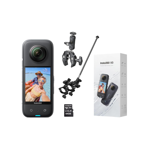 insta360 X3 360 Degree Action Camera BIKER Kit includes PGYTECH Third Person Bike Handlebar Mount + 64GB Micro SDHC Memory Card, INSAAQ/BK3
