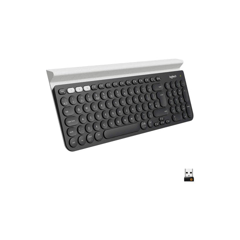 Logitech K780 Multi-Device Wireless Keyboard for Windows, Apple, Android or Chrome, Wireless 2.4GHz, Bluetooth, Smartphone and Tablet Cradle, Quiet, PC, Mac, Laptop, Arabic Layout - Dark Grey/White