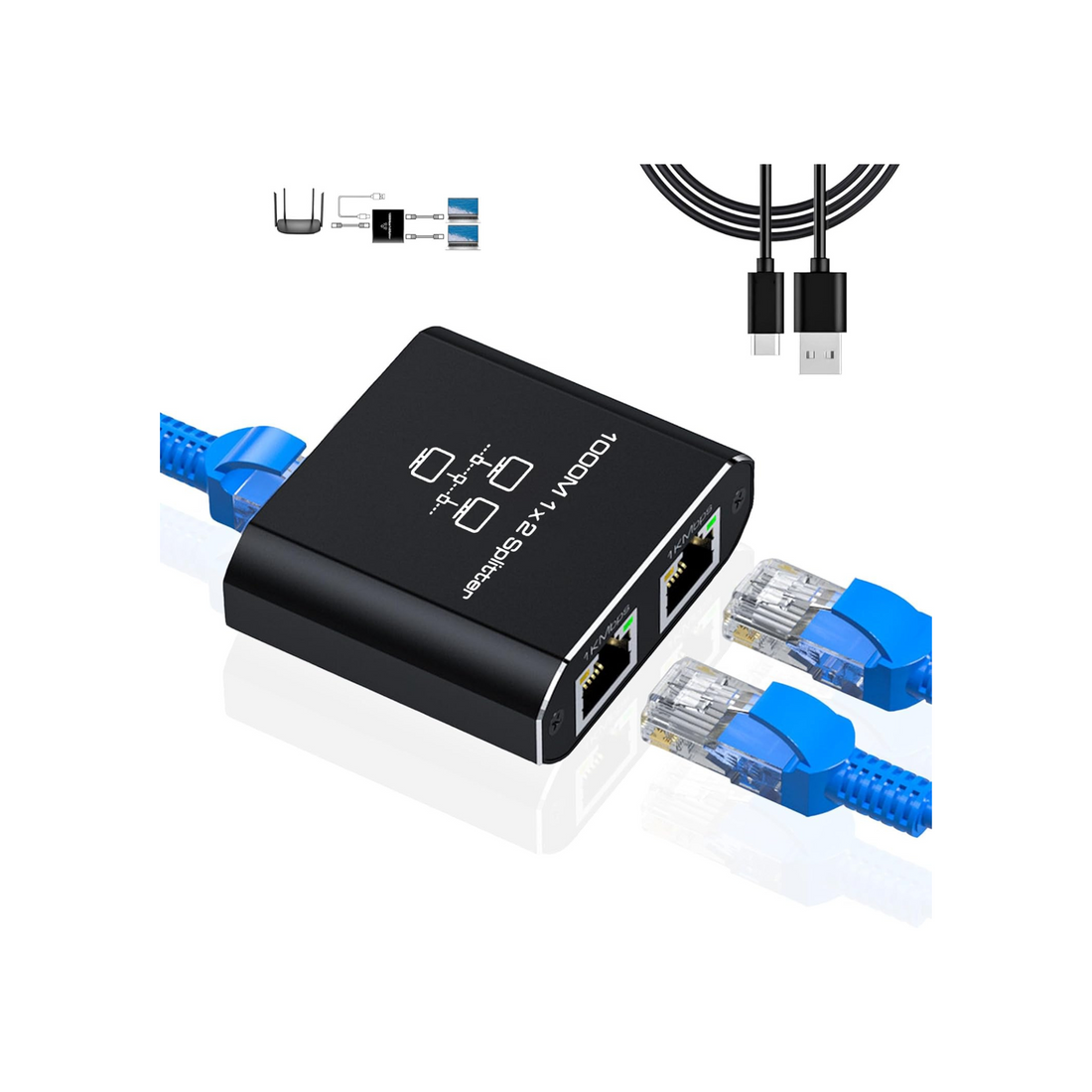 LIEZHUA Gigabit Ethernet Splitter 1 to 2 - Network Splitter with USB Power Cable