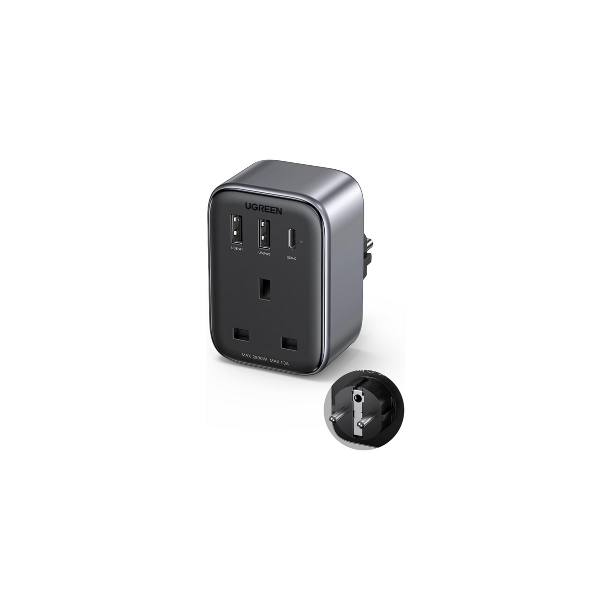 UGREEN 4-in-1 Travel Charger Adapter 30W Accepts Devices with UAE/KSA/UK Plugs for Use in Type C Sockets in European Plug Travel Converter Charger with 3 USB Ports, Type G 3 Pin to Euro C Plug