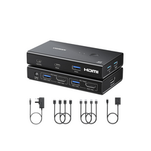 UGREEN HDMI USB 3.0 KVM Switch 2 in 1 out, 4K@60HZ for 2 Computers and 1 Monitor with 4*USB 3.0 Port, for Mouse, Keyboard, Hard Drive, Printer, with Controller, HDMI Cables*2,USB Cables*2,Power Cable