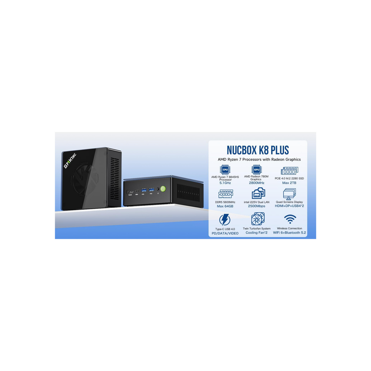 GMKtec Gaming Mini PC K8 Plus AMD Ryzen 7 8845HS(8C/16T, up to 5.1GHz) 32GB DDR5 RAM 1TB SSD, Desktop Computer Preinstalled Windows 11 Pro Dual NIC 2.5G, HDMI 2.1, USB4