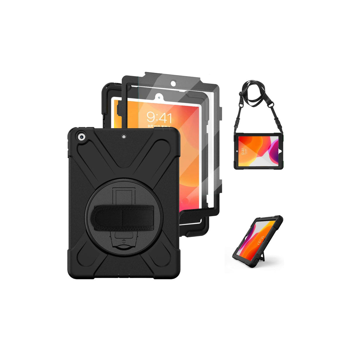 Herize iPad 9th/7th/ 8th Generation Case Cover iPad 10.2 Case 2021 2019 2020 with Screen Protector, Heavy Duty Hard Durable Shockproof Protective Case with Kickstand,Hand Strap, Shoulder Strap Black
