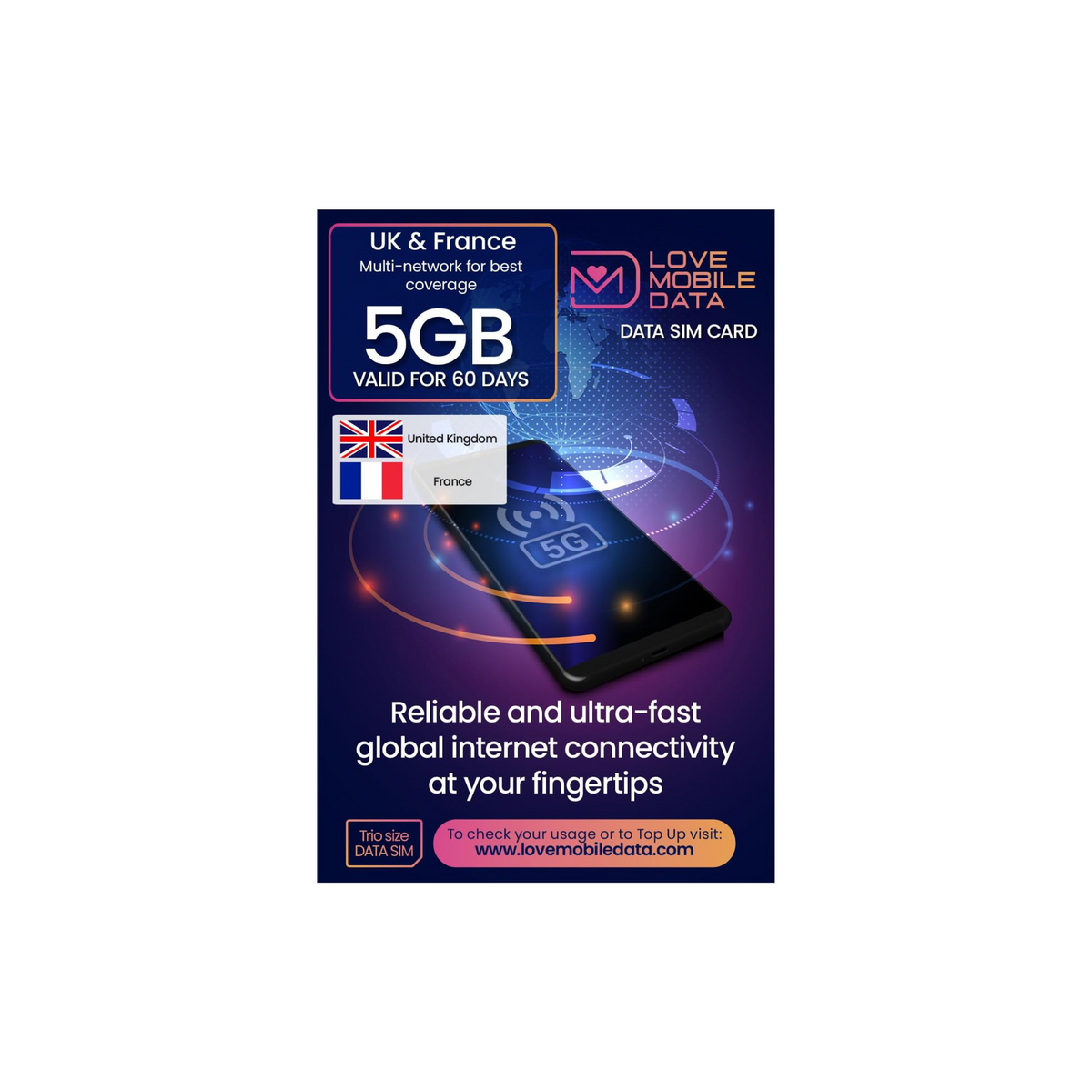 love 2 surf MOBILE DATA International Multi-Network Data SIM - UK & France 5GB - 60 DAYS
