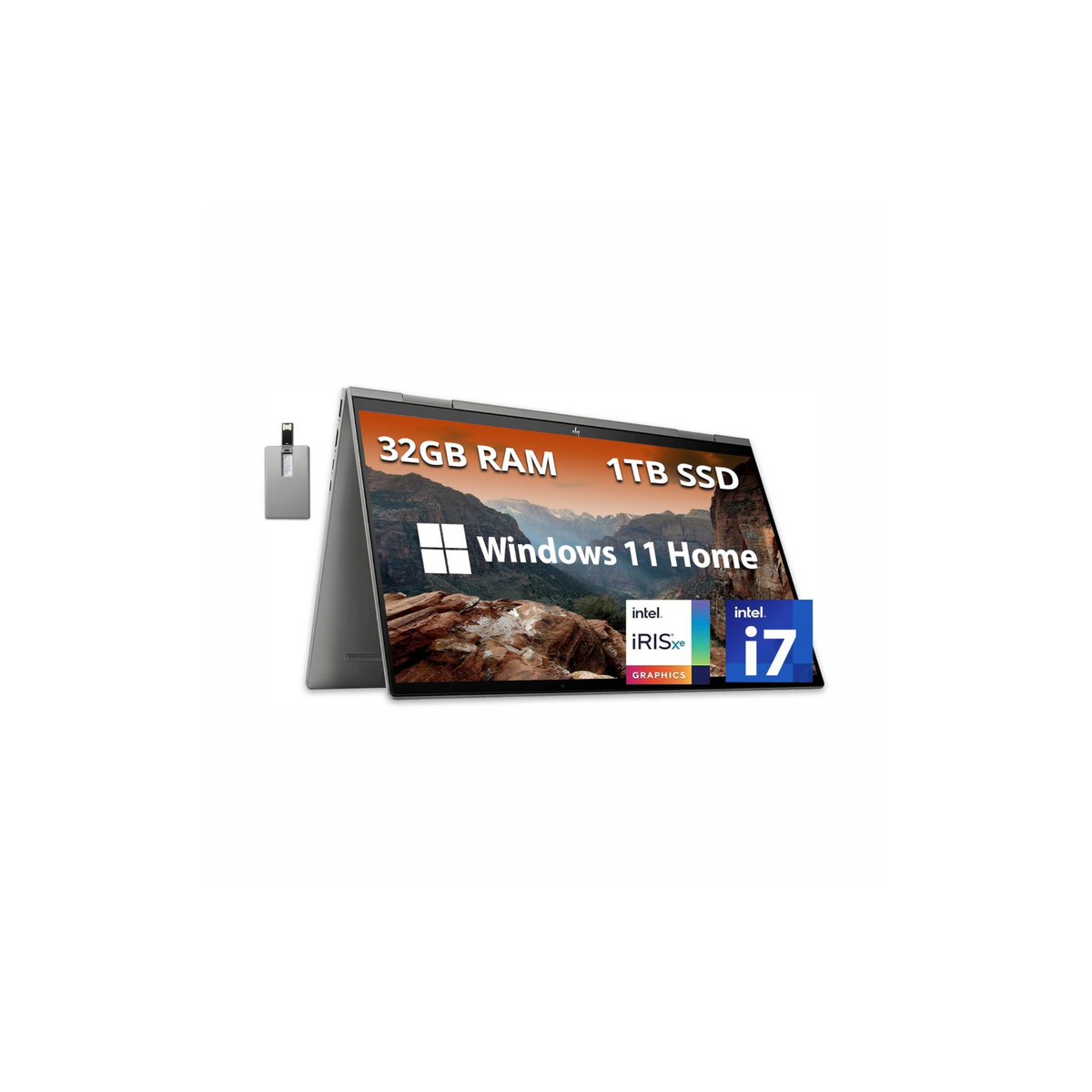 HP 2022 Envy X360 2-in-1 15.6" FHD Touchscreen Laptop, Intel Core i7-1165G7, 32GB RAM, 1TB PCIe SSD, Backlit Keyboard, Iris Xe Graphics, B&O Audio, Windows11, Silver, 32GB Snowbell USB Card (Upgraded)