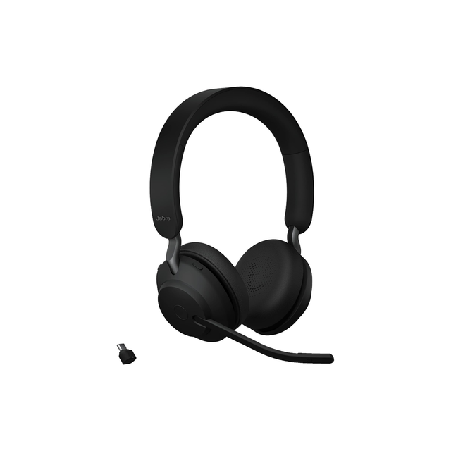 Jabra Evolve2 65 MS Wireless Headphones with Link380c, Stereo, Black – Wireless Bluetooth Headset for Calls and Music, 37 Hours of Battery Life, Passive Noise Cancelling Headphones