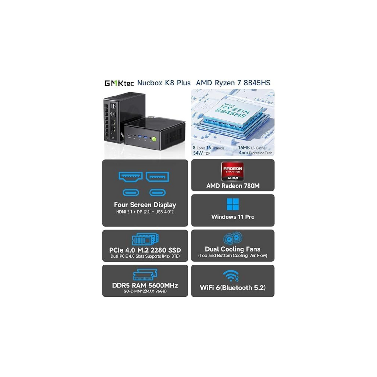 GMKtec Gaming Mini PC K8 Plus AMD Ryzen 7 8845HS(8C/16T, up to 5.1GHz) 32GB DDR5 RAM 1TB SSD, Desktop Computer Preinstalled Windows 11 Pro Dual NIC 2.5G, HDMI 2.1, USB4