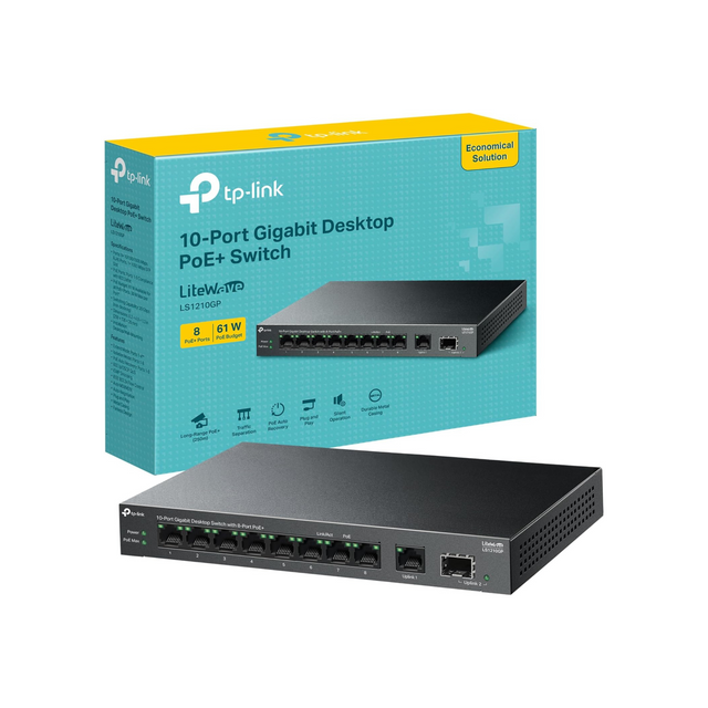TP-Link 10-Port Gigabit Desktop Switch with 8-Port PoE+, 61 W PoE Budget, 30 W PoE output, Up to 250m PoE Transmission. Traffic Separation, Plug and Play, Fanless, Metal Case (LS1210GP)