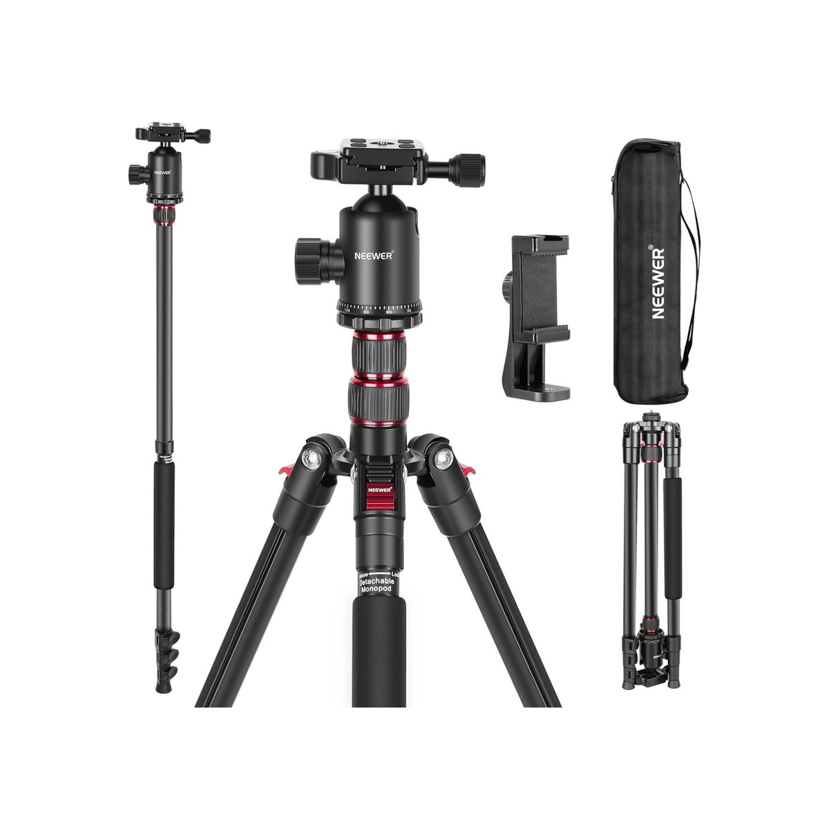 Neewer 77" 2-in-1 Compact Aluminum Tripod Monopod, Camera Tripod for DSLR with 360 Degree Ball Head, 2 Center Axis, QR Plate and 8 Kg Load for Travel and Work, Carry Bag Included, Black | AWP013376