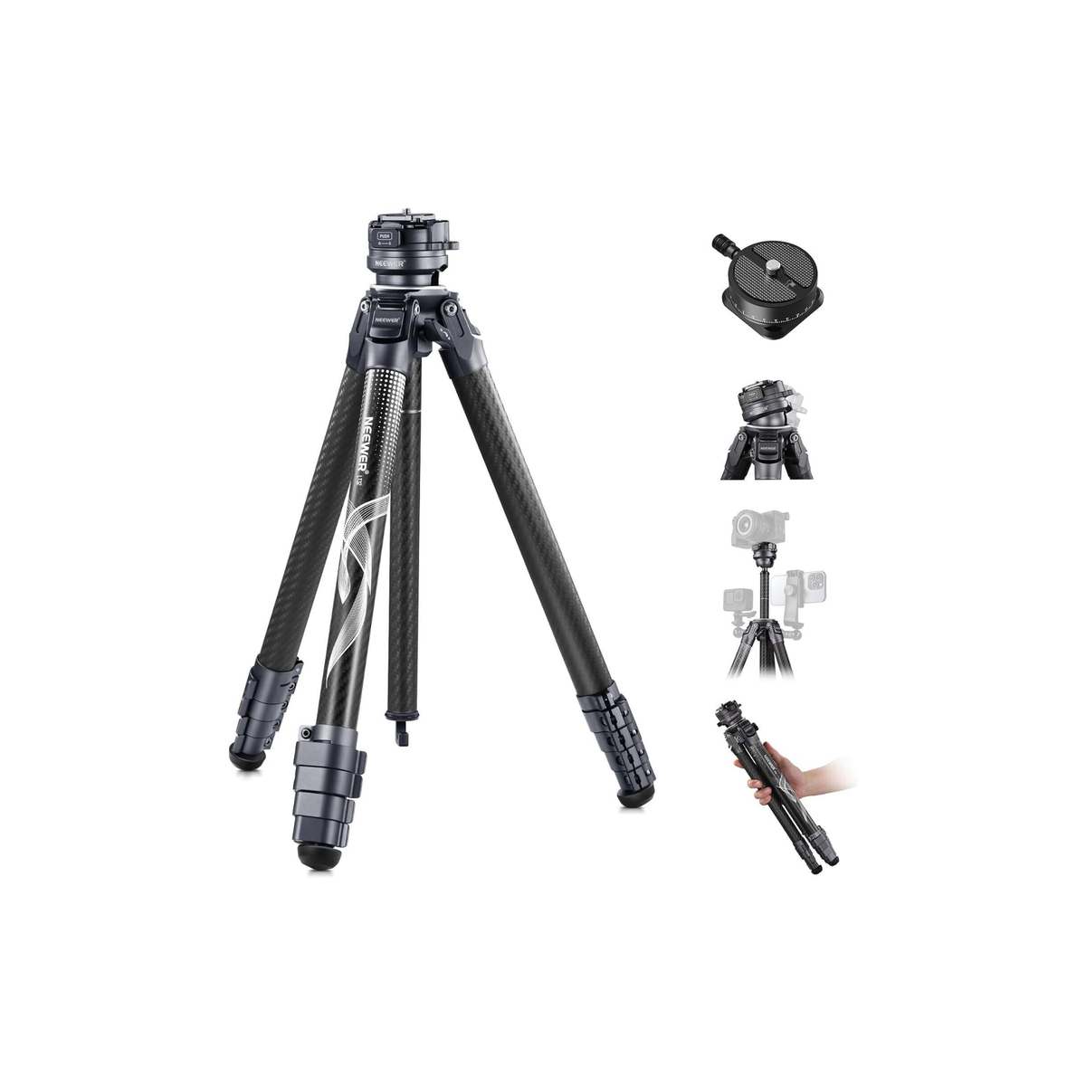 NEEWER LITETRIP LT32 62" Travel Tripod Carbon Fiber with ±15° Leveling 360° Panorama Head, Detachable Center Axis, Fast Flip Buckle, Arca QR Plate Compatible with Peak Design Capture V3, (Former TP62)