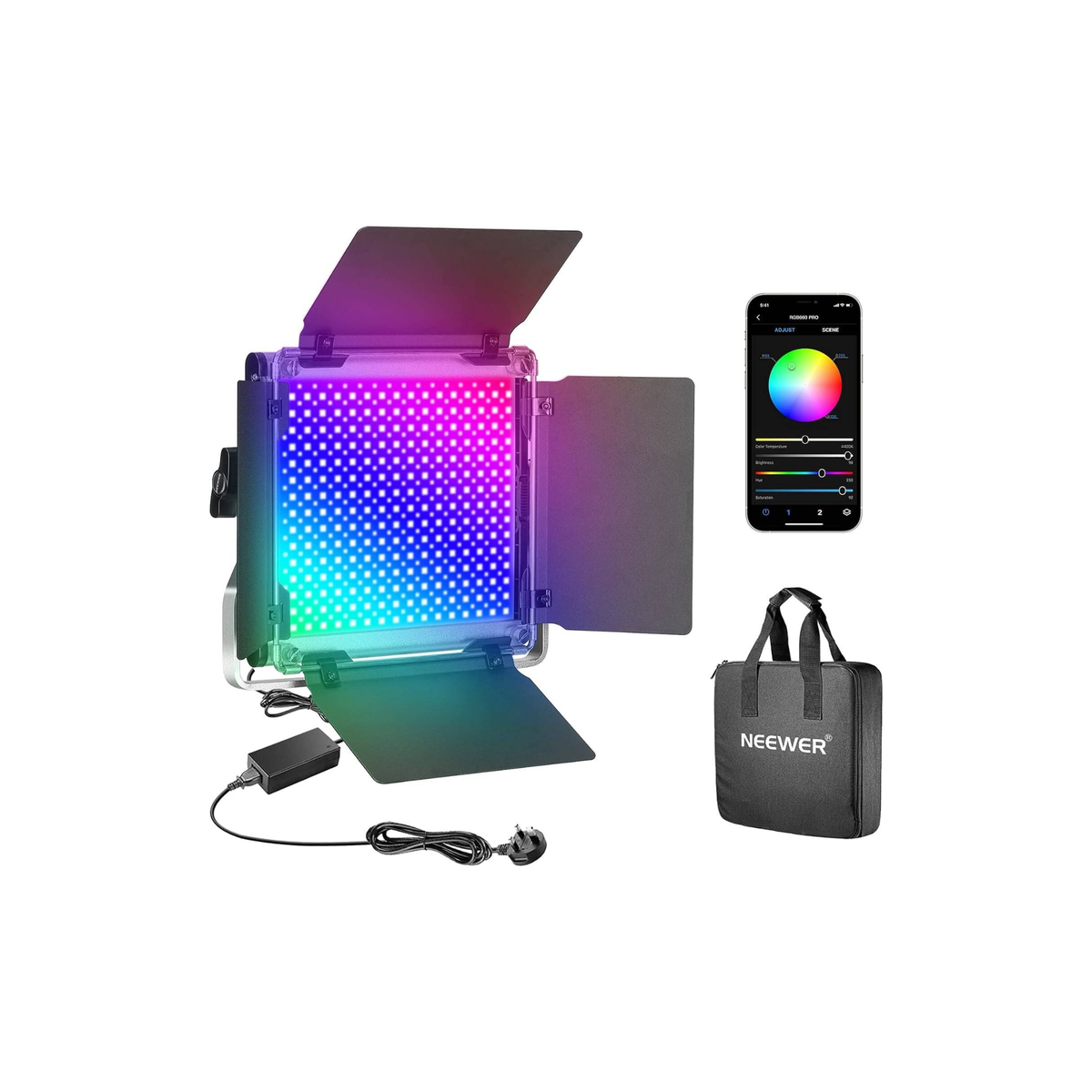 Neewer 660 Pro II 50W RGB + Bi Color LED Video Light with 4 Way Barndoors & Stand Kit