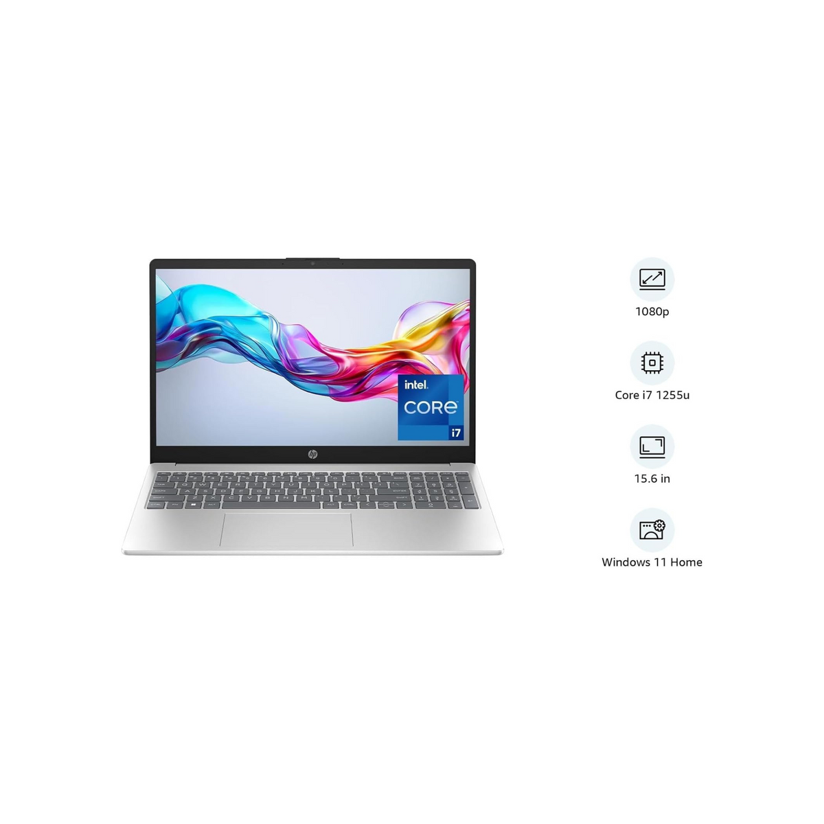 HP Laptop 15-fd0111ne, 15.6" Full HD Display, Intel® Core™ i7-1255U, 16GB RAM, 512GB SSD, Intel® Iris® Xe Graphics, Windows 11 Home, Keyboard English/Arabic, Natural silver [B21RHEA]