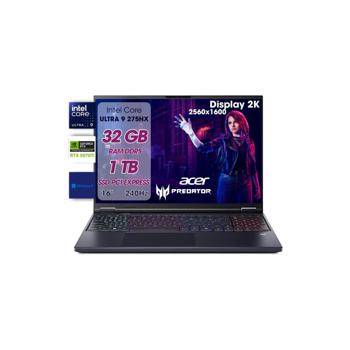 Acer Predator Helios Neo 16 AI Pc Gaming, Notebook Gaming Ultra 9 275HX, 32GB RAM DDR5, SSD 1TB PCIe, Display 16" WQXGA 240Hz, nVIDIA GeForce RTX 5070 Ti 12GB GDDR7, Laptop Gaming Keyboard RGB, W11