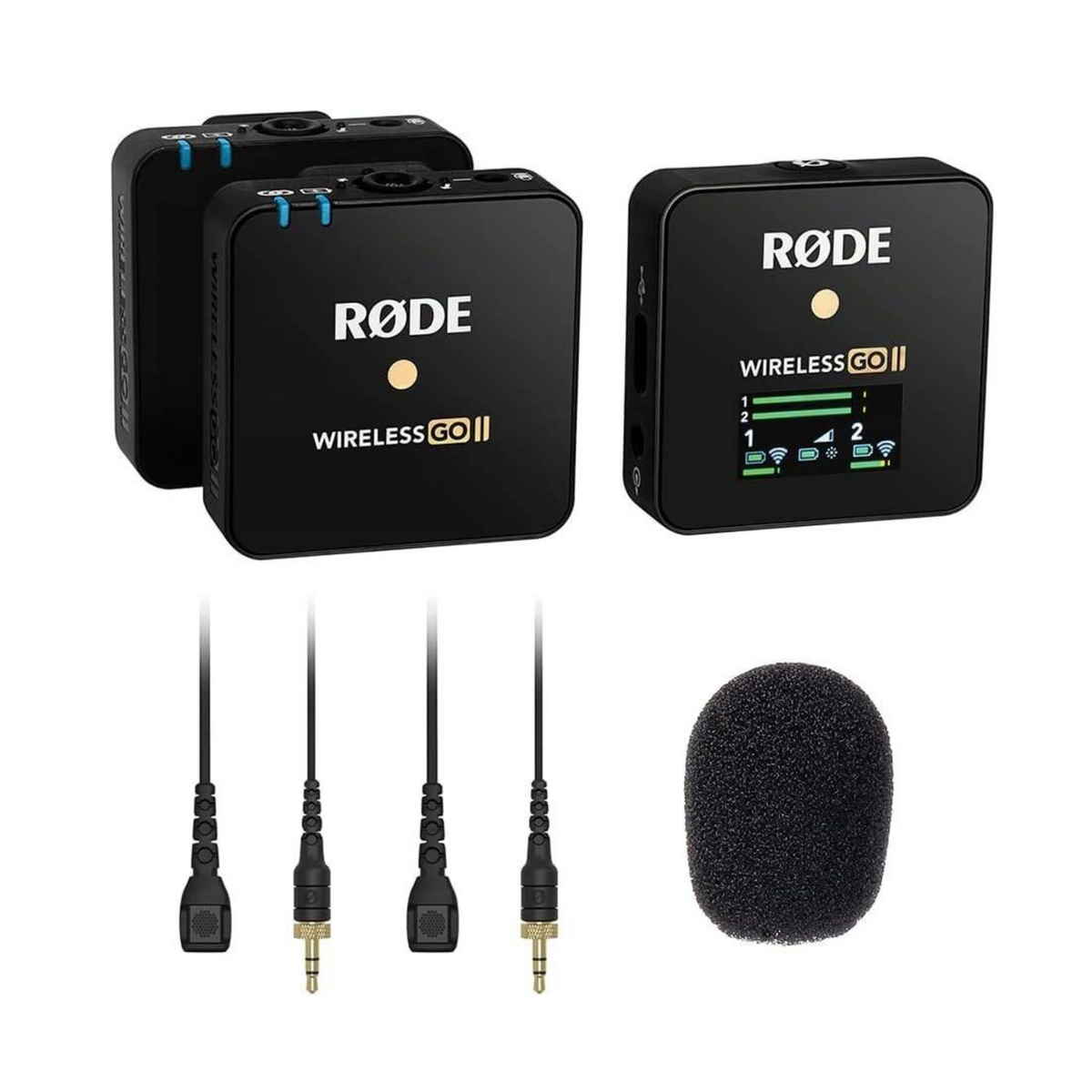 Rode Microphones Wireless GO II Dual Channel Wireless Microphone System Bundle with 2X Rode Lavalier II Omnidirectional Lav Mic and 3-Pack Foam Windscreen
