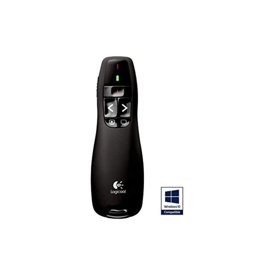 Logitech R400 Wireless Presentation Remote 2.4 GHz USB-Receiver Red Laser Pointer 15-Meter Operating Range 6 Buttons Intuitive Slideshow Control Battery Indicator PC