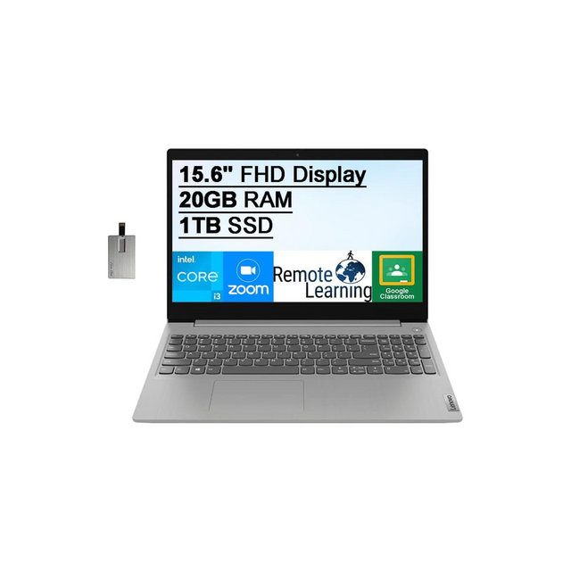 Lenovo IdeaPad 15.6" FHD Laptop Computer, 12th Gen Intel Core i3-1205u, 20GB RAM, 1TB PCIe SSD, Intel UHD Graphics, Dolby Audio, HD Webcam, Bluetooth, Win 10S, Grey, 32GB SnowBell USB Card