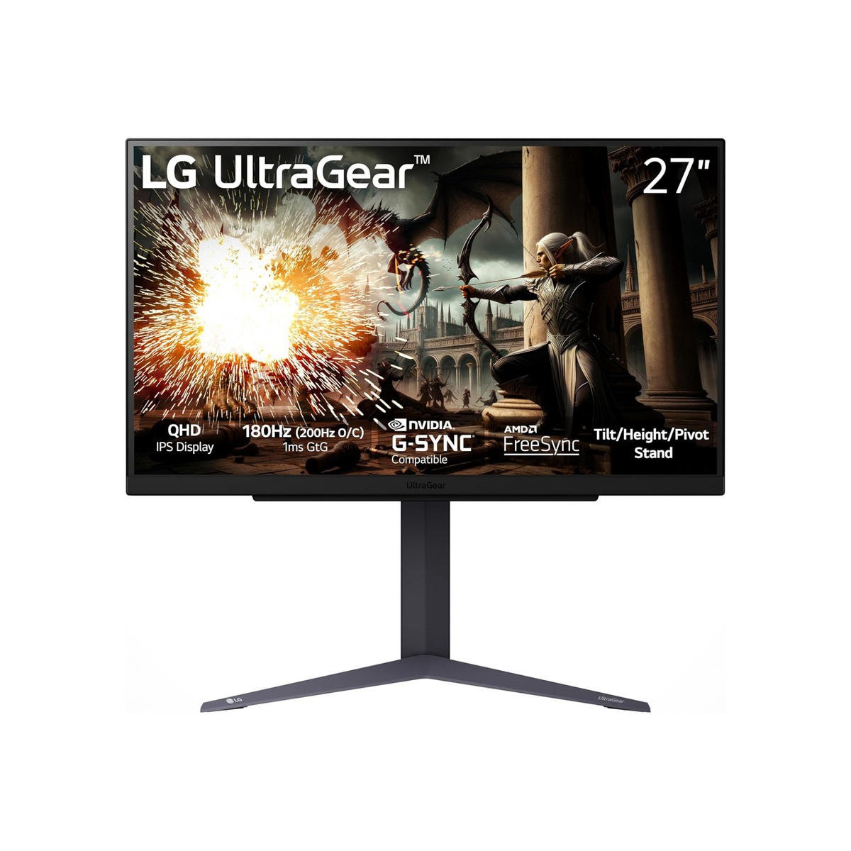 LG 27GS75Q-B 27-inch Ultragear QHD (2560x1440) Gaming Monitor, 180Hz (O/C 200Hz), 1ms, IPS, NVIDIA G-SYNC Compatible, AMD FreeSync, HDR10, Tilt/Height/Pivot Stand, HDMI, DisplayPort, Black